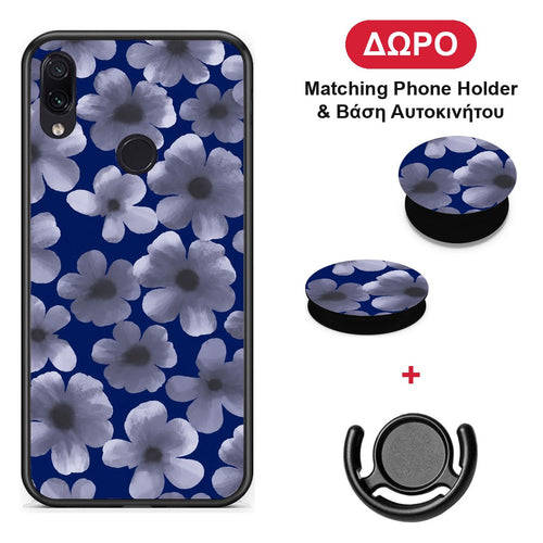 Pale Blue Flowers on Navy - Xiaomi Redmi Note 7 θήκη + Δώρο Phone Holder & Βάση Αυτοκινήτου