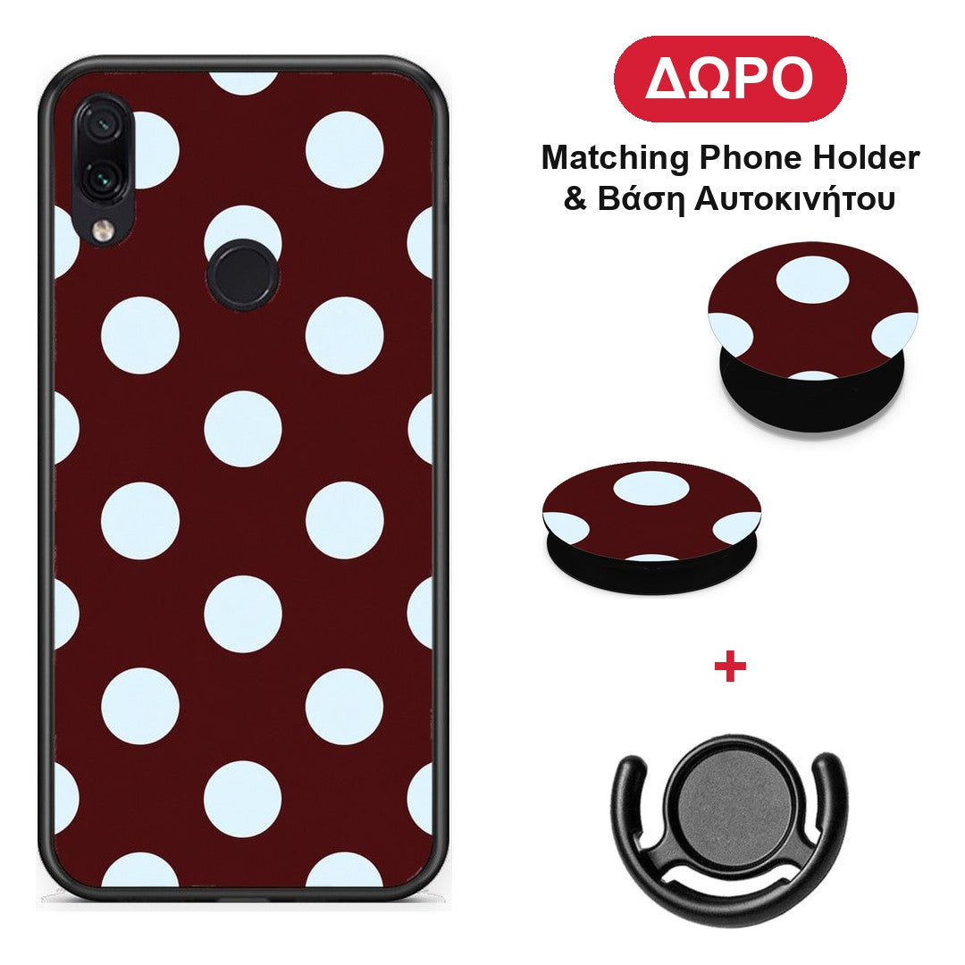 Pale Blue Large Polka Dots on Burgundy - Xiaomi Redmi Note 7 θήκη + Δώρο Phone Holder & Βάση Αυτοκινήτου