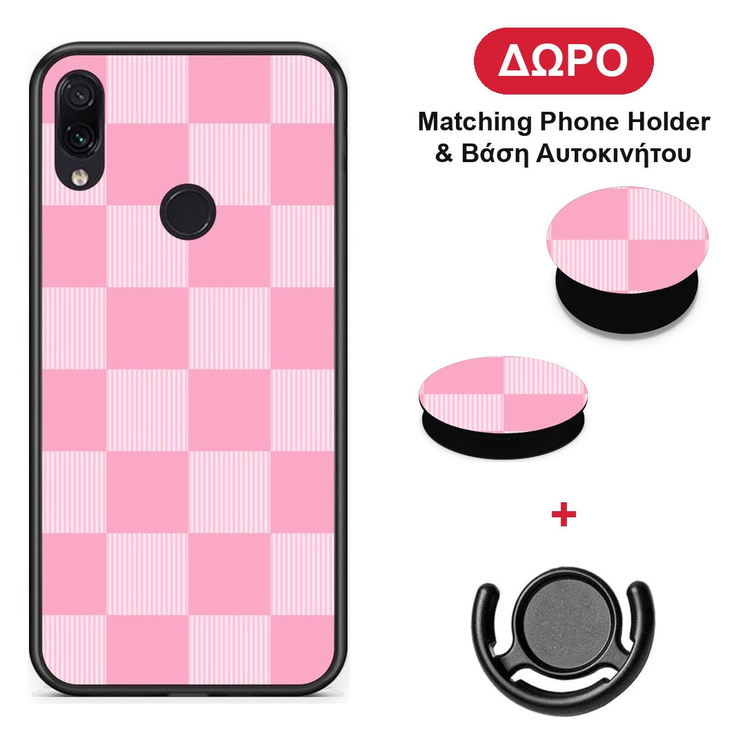 Pink and White Striped Checks - Xiaomi Redmi Note 7 θήκη + Δώρο Phone Holder & Βάση Αυτοκινήτου