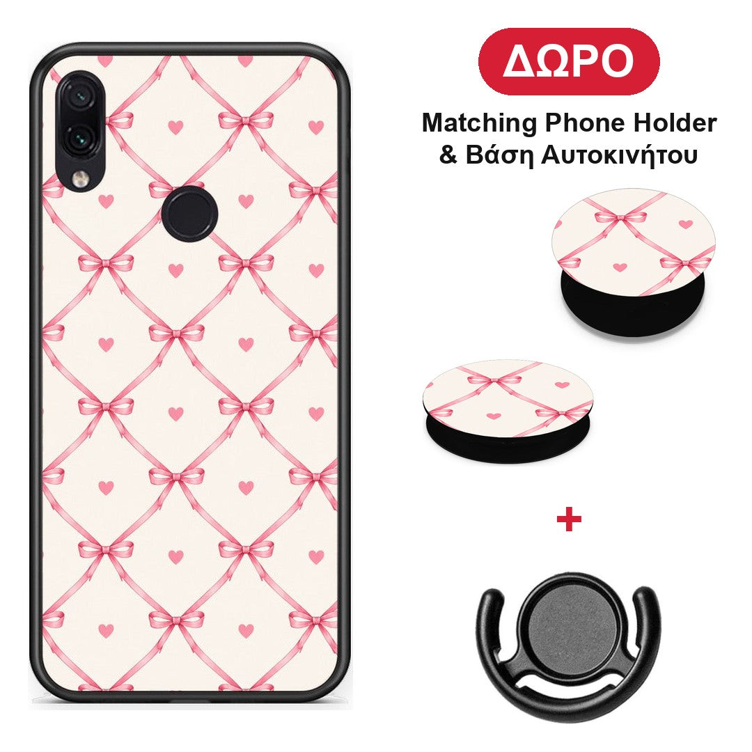 Pink Bow Lattice and Hearts on Cream - Xiaomi Redmi Note 7 θήκη + Δώρο Phone Holder & Βάση Αυτοκινήτου