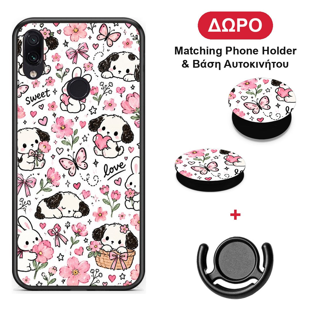 Pink Florals Puppies and Bunnies on White - Xiaomi Redmi Note 7 θήκη + Δώρο Phone Holder & Βάση Αυτοκινήτου