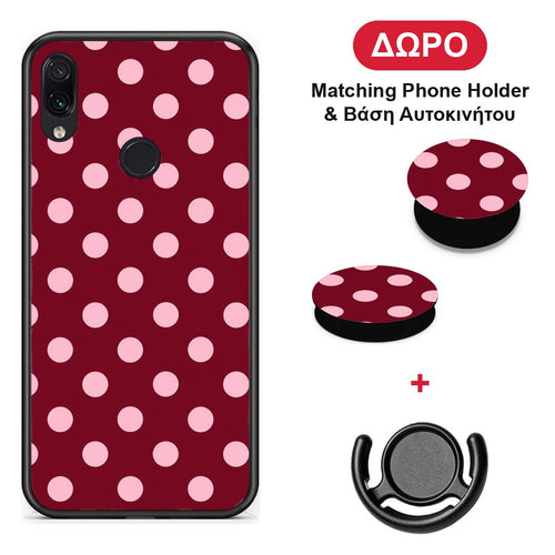 Pink Polka Dots on Burgundy - Xiaomi Redmi Note 7 θήκη + Δώρο Phone Holder & Βάση Αυτοκινήτου