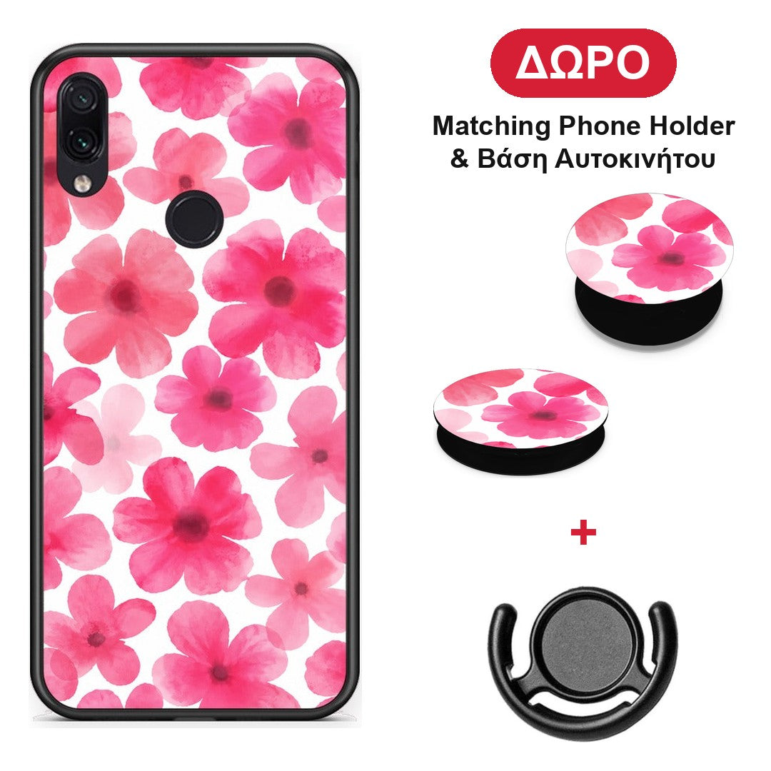 Pink Watercolour Flowers on White - Xiaomi Redmi Note 7 θήκη + Δώρο Phone Holder & Βάση Αυτοκινήτου