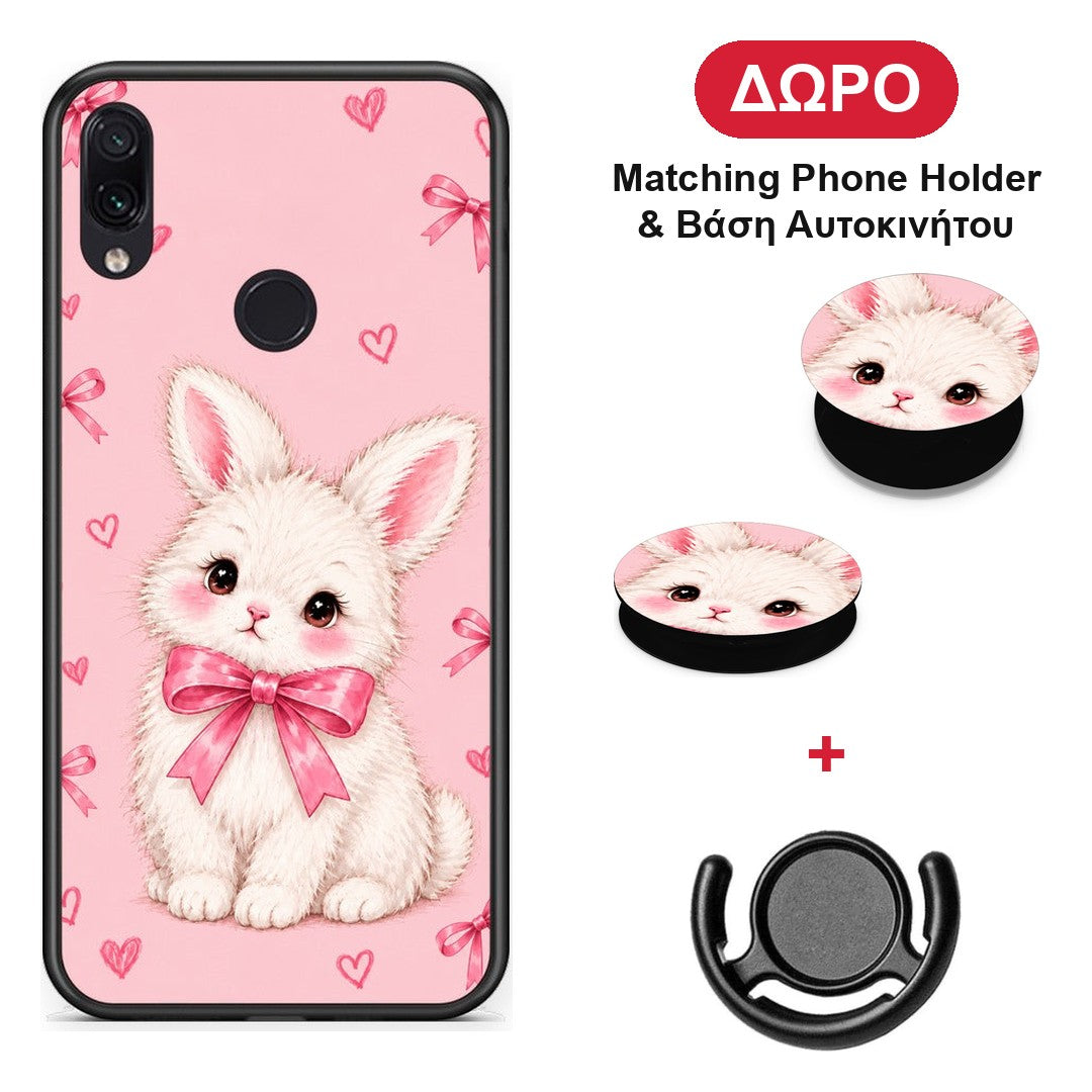 White Bunny and Pink Bows - Xiaomi Redmi Note 7 θήκη + Δώρο Phone Holder & Βάση Αυτοκινήτου