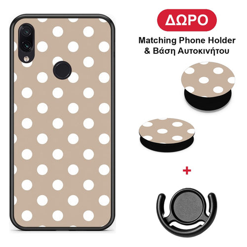 White Polka Dots on Taupe - Xiaomi Redmi Note 7 θήκη + Δώρο Phone Holder & Βάση Αυτοκινήτου