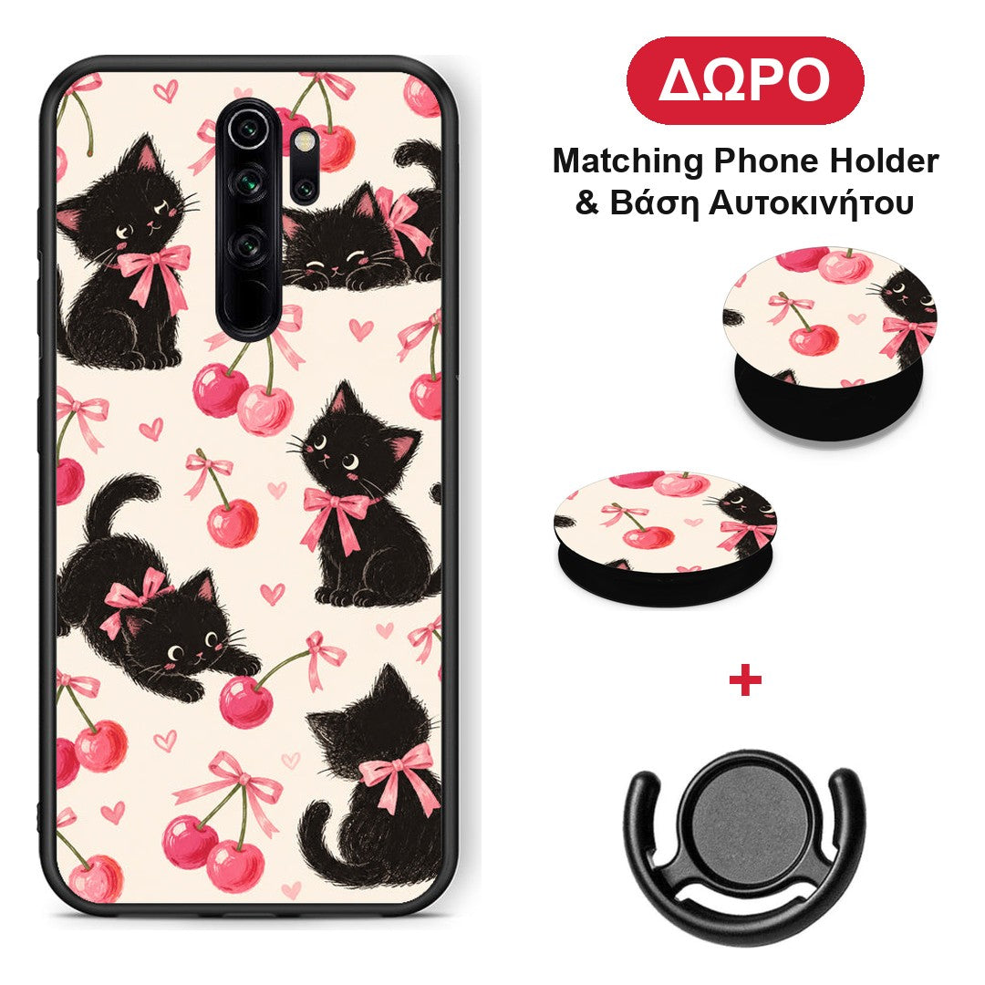 Black Kittens and Cherries on Cream - Xiaomi Redmi Note 8 Pro θήκη + Δώρο Phone Holder & Βάση Αυτοκινήτου