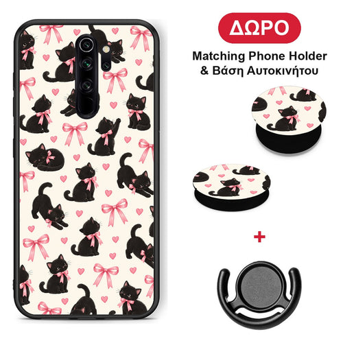 Black Kittens and Pink Bows on Cream Small - Xiaomi Redmi Note 8 Pro θήκη + Δώρο Phone Holder & Βάση Αυτοκινήτου