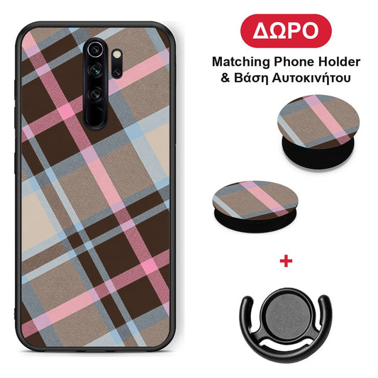 Brown Pink and Blue Diagonal Plaid - Xiaomi Redmi Note 8 Pro θήκη + Δώρο Phone Holder & Βάση Αυτοκινήτου