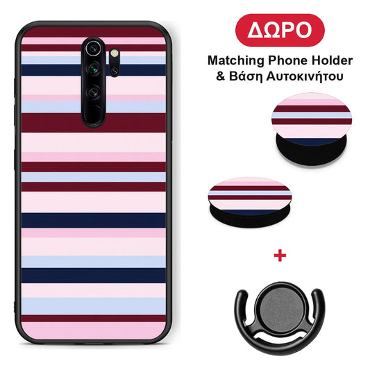 Burgundy Pink and Blue Horizontal Stripes - Xiaomi Redmi Note 8 Pro θήκη + Δώρο Phone Holder & Βάση Αυτοκινήτου