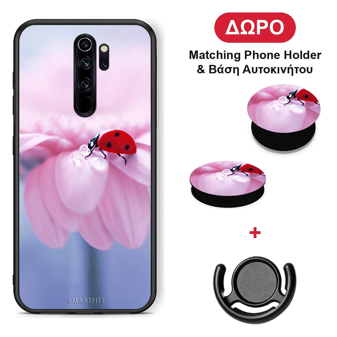 Ladybug Flower - Xiaomi Redmi Note 8 Pro θήκη + Δώρο Phone Holder & Βάση Αυτοκινήτου
