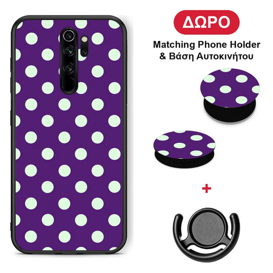 Mint Polka Dots on Purple - Xiaomi Redmi Note 8 Pro θήκη + Δώρο Phone Holder & Βάση Αυτοκινήτου