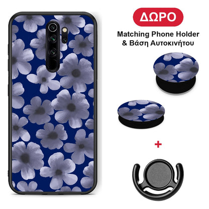 Pale Blue Flowers on Navy - Xiaomi Redmi Note 8 Pro θήκη + Δώρο Phone Holder & Βάση Αυτοκινήτου