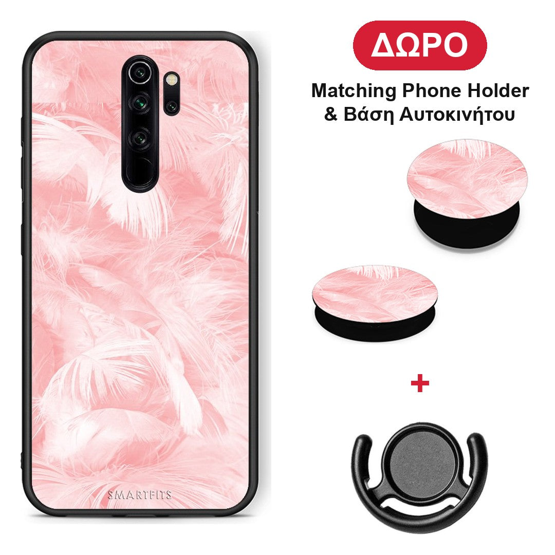 Boho Pink Feather - Xiaomi Redmi Note 8 Pro θήκη + Δώρο Phone Holder & Βάση Αυτοκινήτου