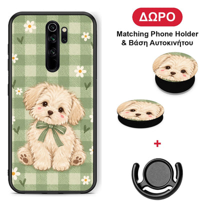 Puppy and Daisies on Sage Gingham - Xiaomi Redmi Note 8 Pro θήκη + Δώρο Phone Holder & Βάση Αυτοκινήτου