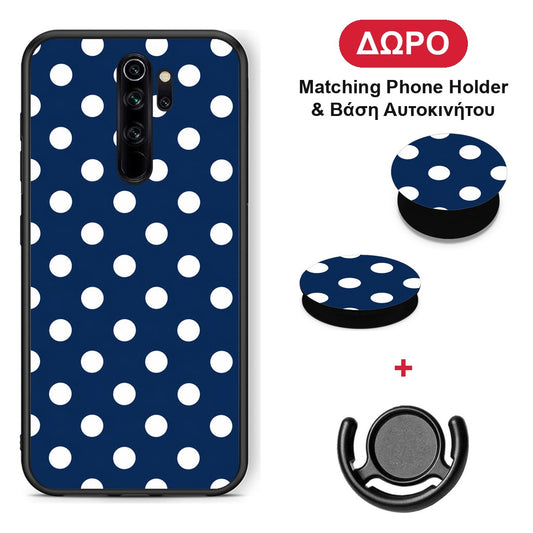 White Large Polka Dots on Navy - Xiaomi Redmi Note 8 Pro θήκη + Δώρο Phone Holder & Βάση Αυτοκινήτου