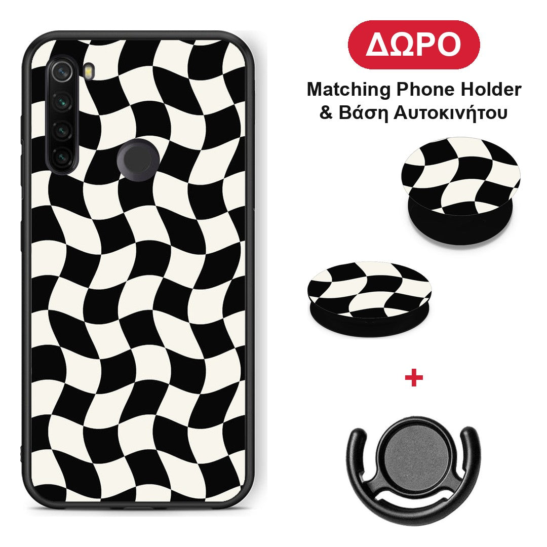 Black and Cream Wavy Checkerboard - Xiaomi Redmi Note 8T θήκη + Δώρο Phone Holder & Βάση Αυτοκινήτου