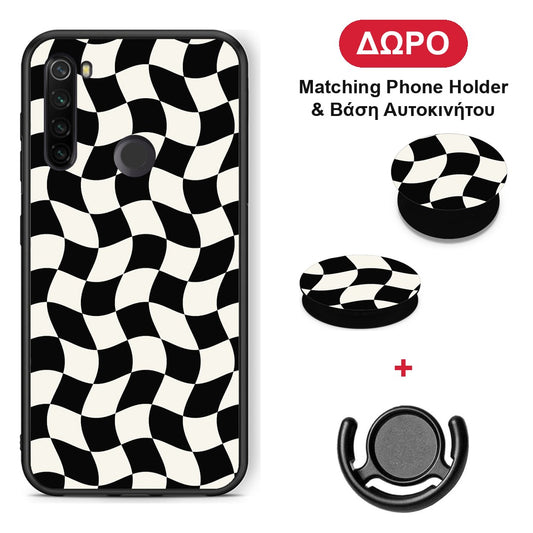 Black and Cream Wavy Checkerboard - Xiaomi Redmi Note 8T θήκη + Δώρο Phone Holder & Βάση Αυτοκινήτου