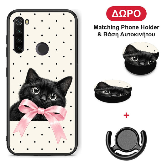 Black Kitten Pink Bow and Polka Dots - Xiaomi Redmi Note 8T θήκη + Δώρο Phone Holder & Βάση Αυτοκινήτου