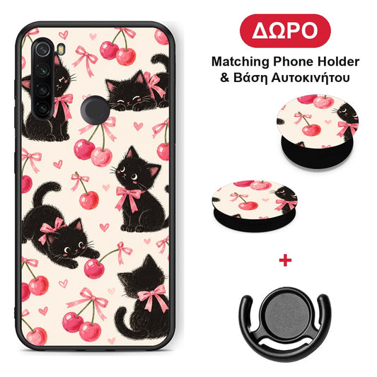 Black Kittens and Cherries on Cream - Xiaomi Redmi Note 8T θήκη + Δώρο Phone Holder & Βάση Αυτοκινήτου