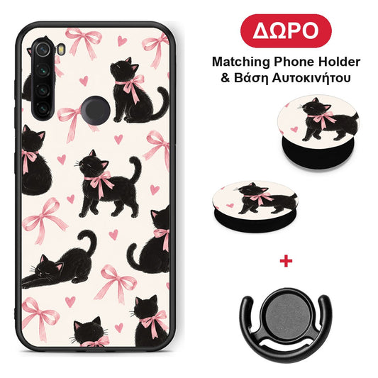 Black Kittens and Pink Bows on Cream Large - Xiaomi Redmi Note 8T θήκη + Δώρο Phone Holder & Βάση Αυτοκινήτου