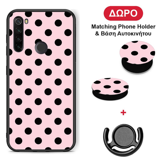 Black Polka Dots on Pink - Xiaomi Redmi Note 8T θήκη + Δώρο Phone Holder & Βάση Αυτοκινήτου