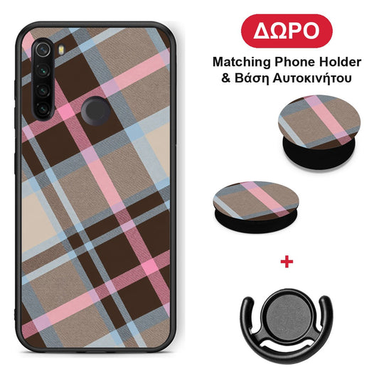 Brown Pink and Blue Diagonal Plaid - Xiaomi Redmi Note 8T θήκη + Δώρο Phone Holder & Βάση Αυτοκινήτου