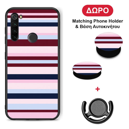 Burgundy Pink and Blue Horizontal Stripes - Xiaomi Redmi Note 8T θήκη + Δώρο Phone Holder & Βάση Αυτοκινήτου