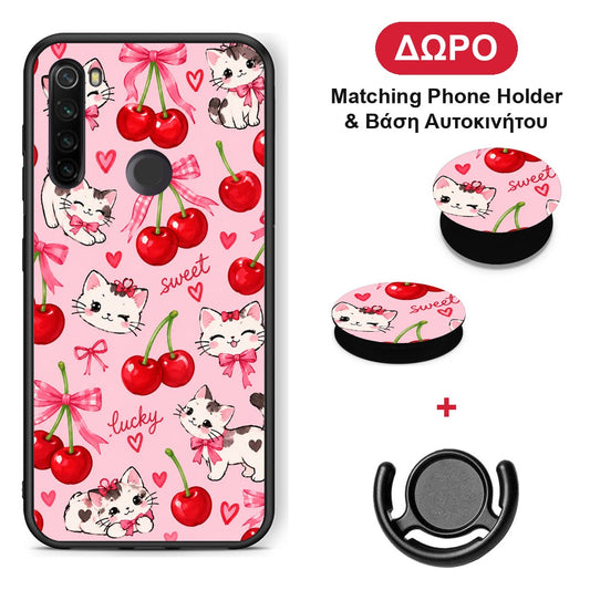 Cherries Bows and Kittens on Pink - Xiaomi Redmi Note 8T θήκη + Δώρο Phone Holder & Βάση Αυτοκινήτου