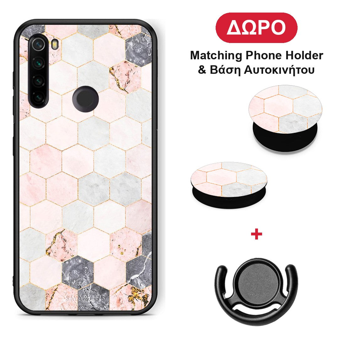 Marble Hexagon Pink - Xiaomi Redmi Note 8T θήκη + Δώρο Phone Holder & Βάση Αυτοκινήτου