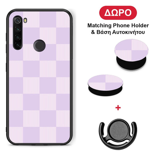 Lilac and Cream Striped Checks - Xiaomi Redmi Note 8T θήκη + Δώρο Phone Holder & Βάση Αυτοκινήτου