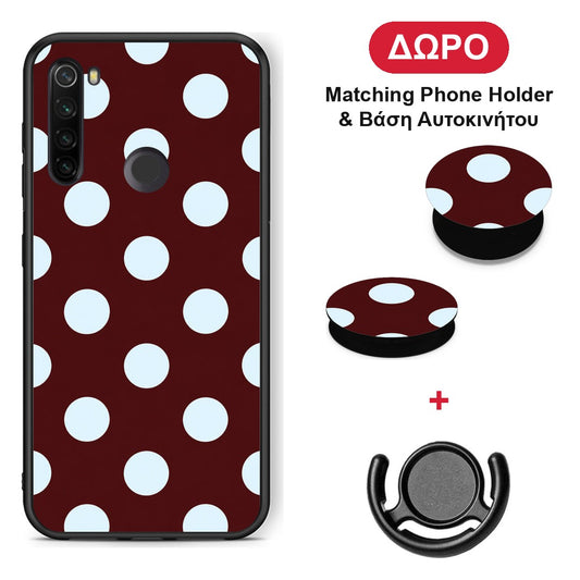 Pale Blue Large Polka Dots on Burgundy - Xiaomi Redmi Note 8T θήκη + Δώρο Phone Holder & Βάση Αυτοκινήτου