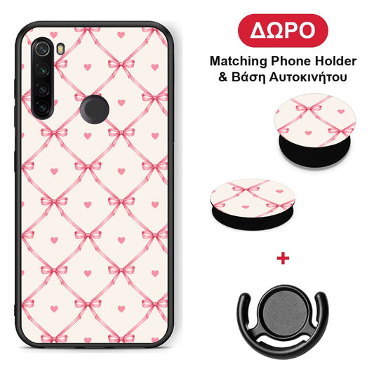Pink Bow Lattice and Hearts on Cream - Xiaomi Redmi Note 8T θήκη + Δώρο Phone Holder & Βάση Αυτοκινήτου