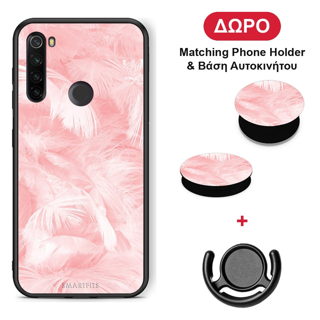 Boho Pink Feather - Xiaomi Redmi Note 8T θήκη + Δώρο Phone Holder & Βάση Αυτοκινήτου