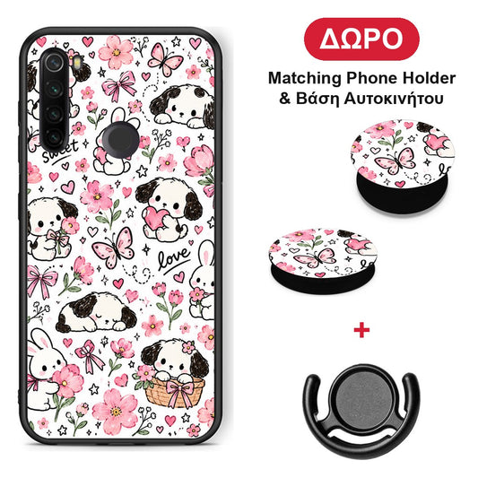 Pink Florals Puppies and Bunnies on White - Xiaomi Redmi Note 8T θήκη + Δώρο Phone Holder & Βάση Αυτοκινήτου