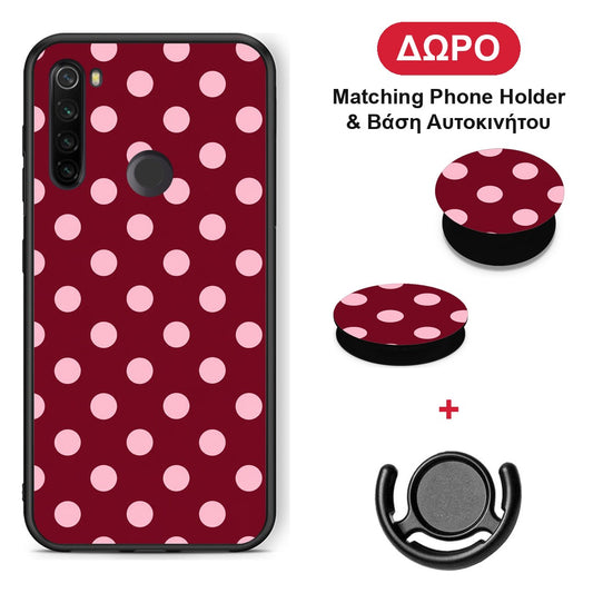 Pink Polka Dots on Burgundy - Xiaomi Redmi Note 8T θήκη + Δώρο Phone Holder & Βάση Αυτοκινήτου