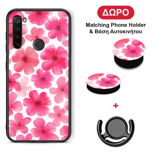 Pink Watercolour Flowers on White - Xiaomi Redmi Note 8T θήκη + Δώρο Phone Holder & Βάση Αυτοκινήτου