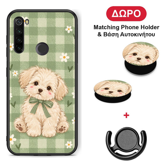Puppy and Daisies on Sage Gingham - Xiaomi Redmi Note 8T θήκη + Δώρο Phone Holder & Βάση Αυτοκινήτου