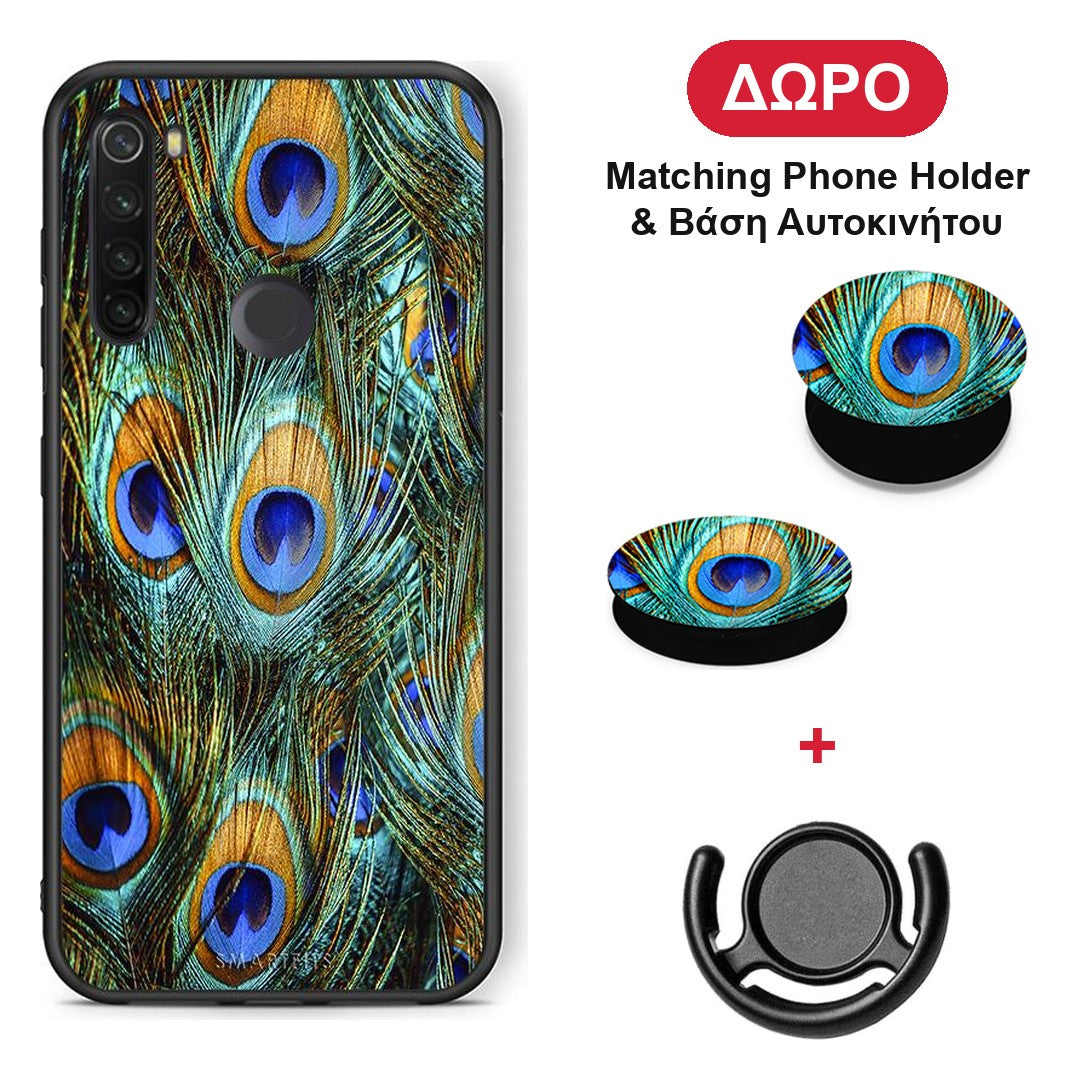 Real Peacock Feathers - Xiaomi Redmi Note 8T θήκη + Δώρο Phone Holder & Βάση Αυτοκινήτου