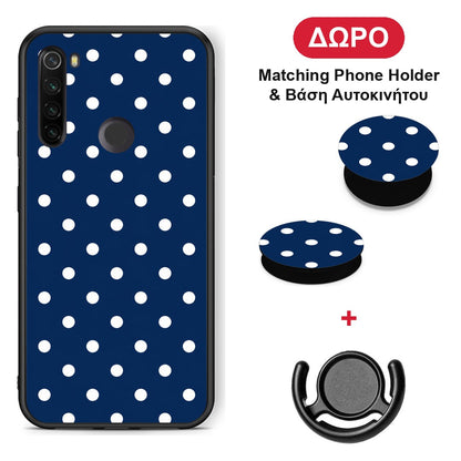 White Small Polka Dots on Navy - Xiaomi Redmi Note 8T θήκη + Δώρο Phone Holder & Βάση Αυτοκινήτου