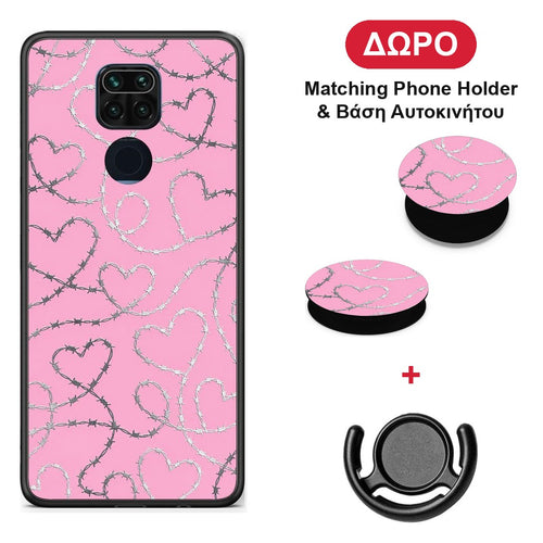 Barbed Wire Hearts on Pink - Xiaomi Redmi Note 9 θήκη + Δώρο Phone Holder & Βάση Αυτοκινήτου