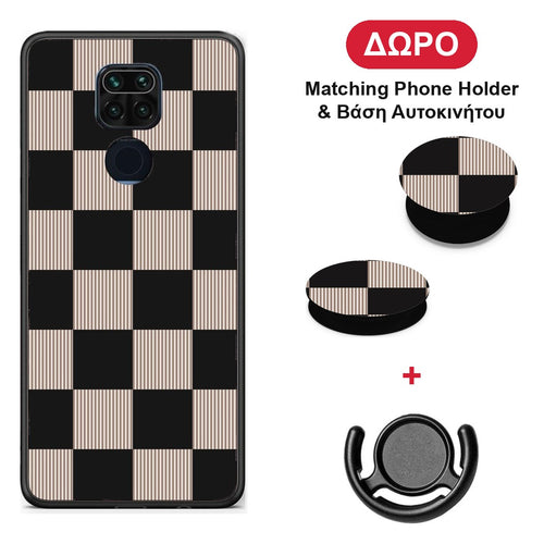 Black and Taupe Striped Checks - Xiaomi Redmi Note 9 θήκη + Δώρο Phone Holder & Βάση Αυτοκινήτου
