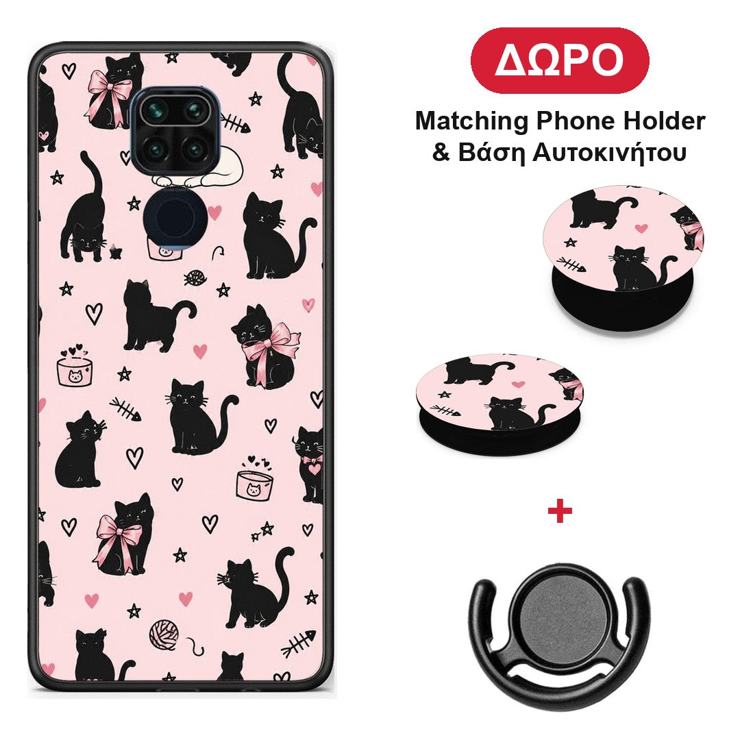 Black Cat Doodles on Pink - Xiaomi Redmi Note 9 θήκη + Δώρο Phone Holder & Βάση Αυτοκινήτου