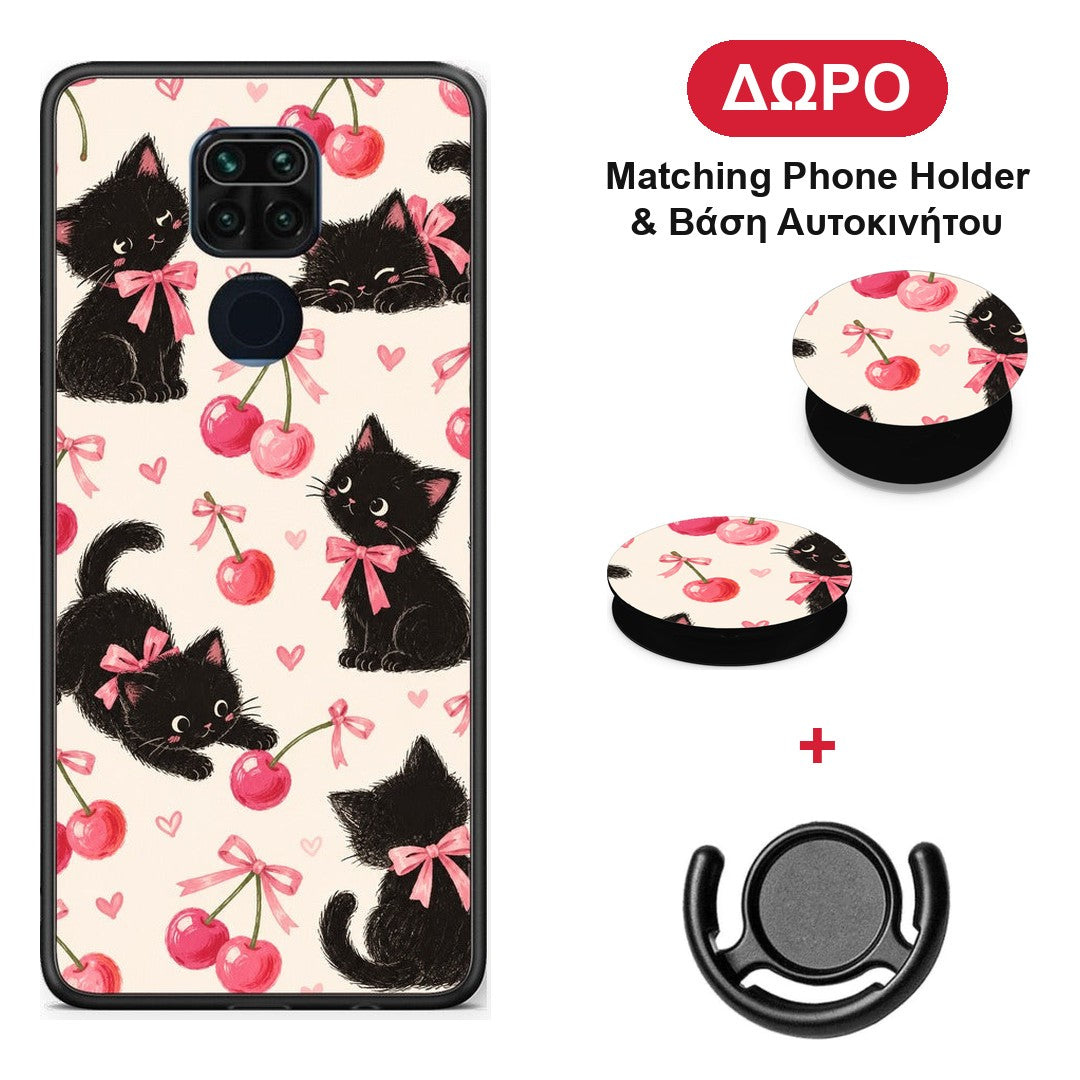 Black Kittens and Cherries on Cream - Xiaomi Redmi Note 9 θήκη + Δώρο Phone Holder & Βάση Αυτοκινήτου