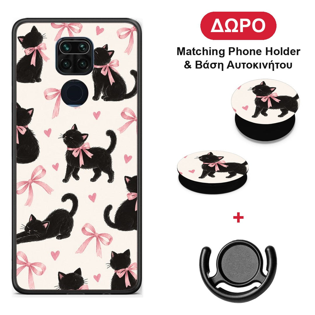 Black Kittens and Pink Bows on Cream Large - Xiaomi Redmi Note 9 θήκη + Δώρο Phone Holder & Βάση Αυτοκινήτου
