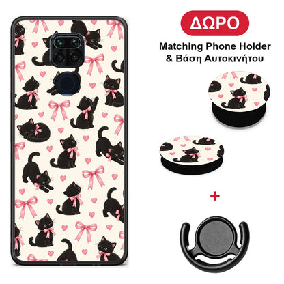 Black Kittens and Pink Bows on Cream Small - Xiaomi Redmi Note 9 θήκη + Δώρο Phone Holder & Βάση Αυτοκινήτου