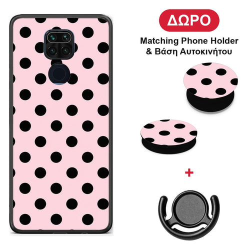 Black Polka Dots on Pink - Xiaomi Redmi Note 9 θήκη + Δώρο Phone Holder & Βάση Αυτοκινήτου