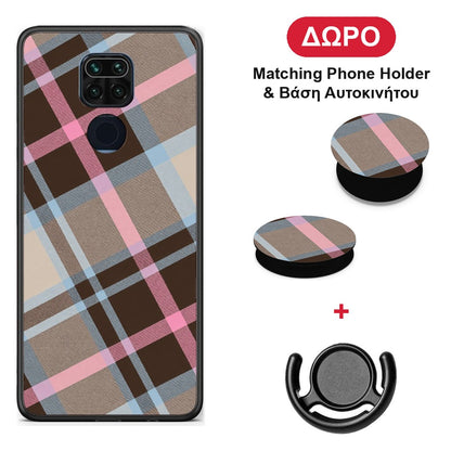 Brown Pink and Blue Diagonal Plaid - Xiaomi Redmi Note 9 θήκη + Δώρο Phone Holder & Βάση Αυτοκινήτου