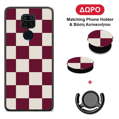 Burgundy and Cream Striped Checks - Xiaomi Redmi Note 9 θήκη + Δώρο Phone Holder & Βάση Αυτοκινήτου