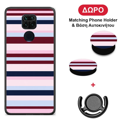 Burgundy Pink and Blue Horizontal Stripes - Xiaomi Redmi Note 9 θήκη + Δώρο Phone Holder & Βάση Αυτοκινήτου