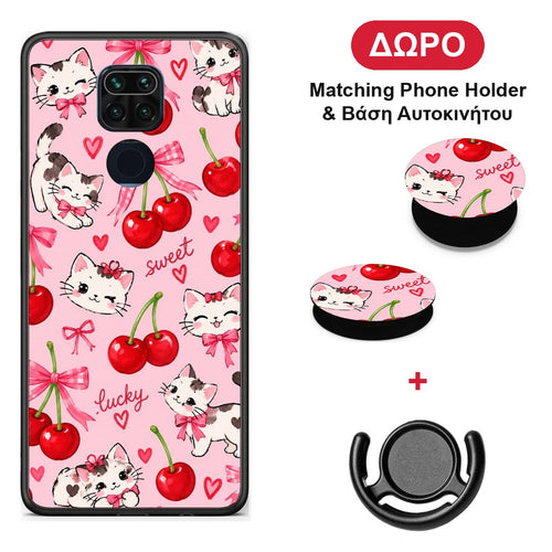 Cherries Bows and Kittens on Pink - Xiaomi Redmi Note 9 θήκη + Δώρο Phone Holder & Βάση Αυτοκινήτου